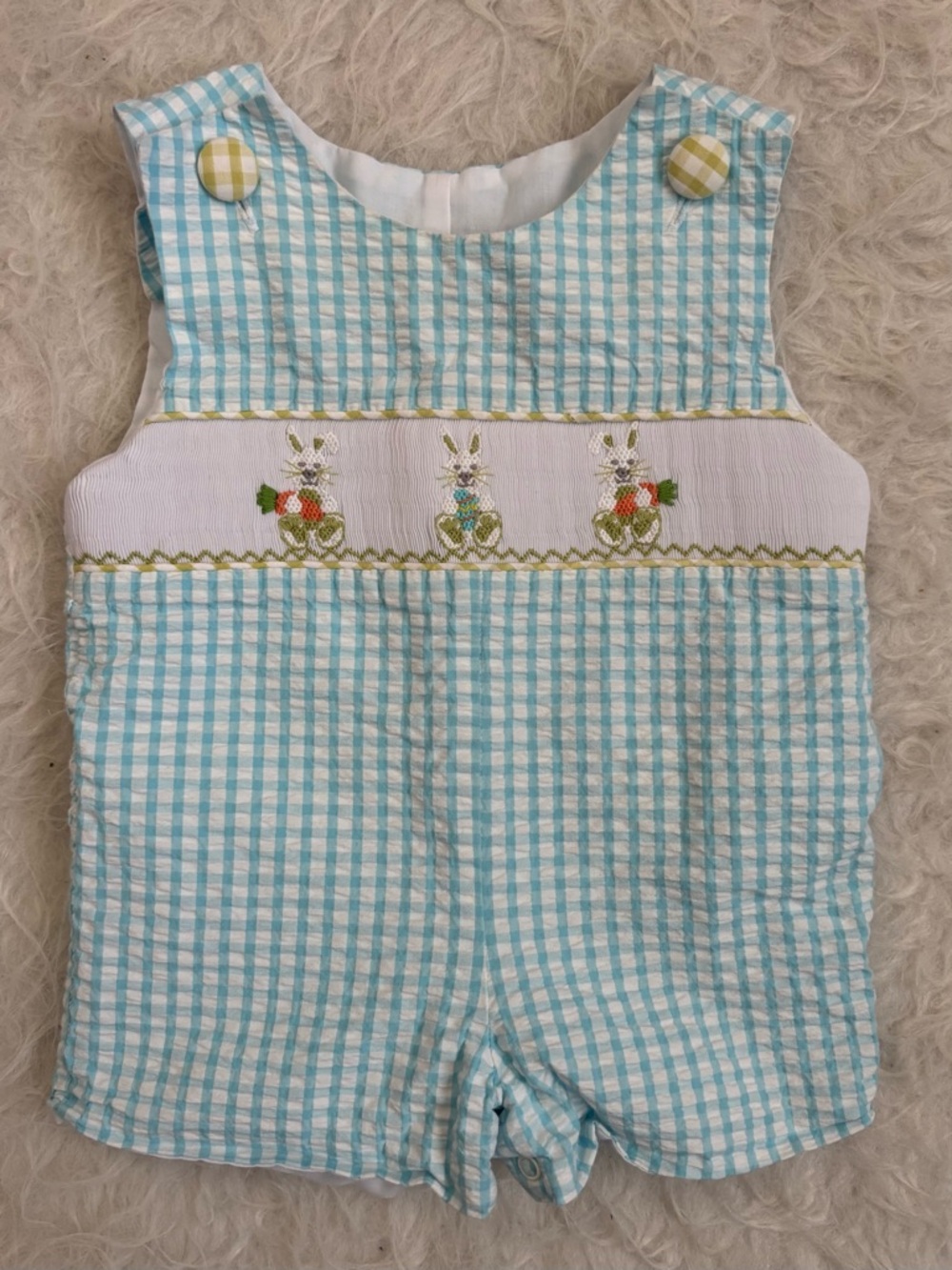 Southern Smocked Co Gender Neutral Aqua Gingham Bunny Baby Romper
